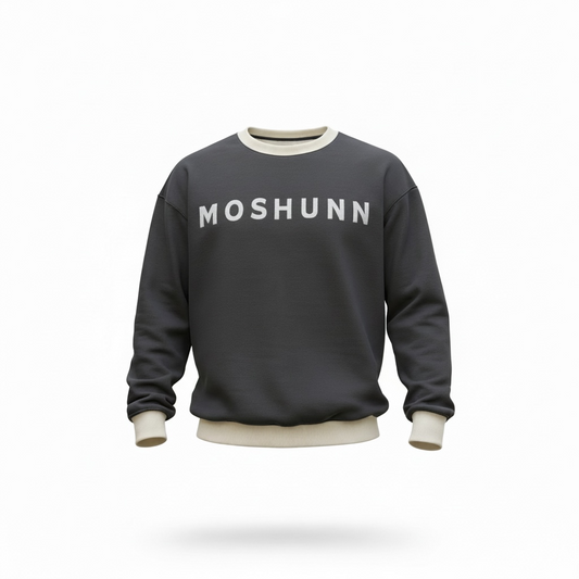 Charcoal Gray crewneck with 'MOSHUNN' text on a white background