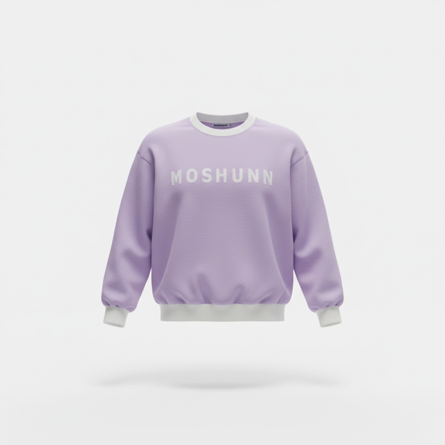 Lilac crewneck with 'MOSHUNN' text on a white background