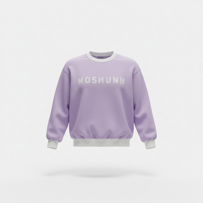 Lilac crewneck with 'MOSHUNN' text on a white background