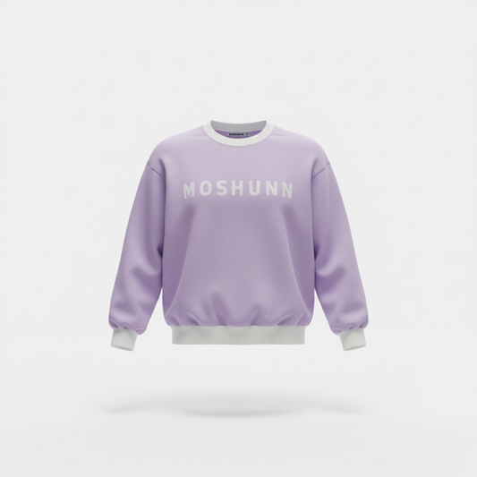 Lilac crewneck with 'MOSHUNN' text on a white background